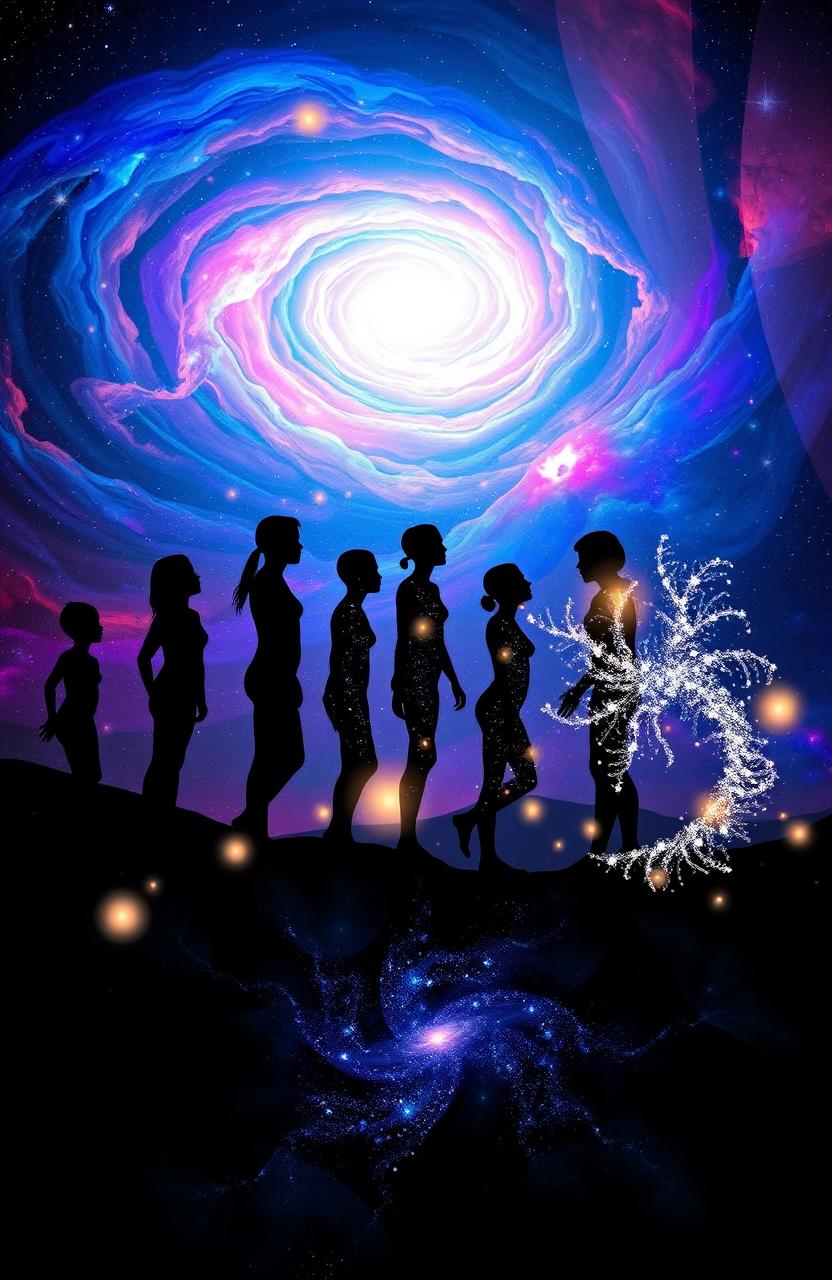 A visually stunning representation of the evolution of soul and body, featuring a series of ethereal human silhouettes transitioning from solid forms to shimmering, spiritual entities
