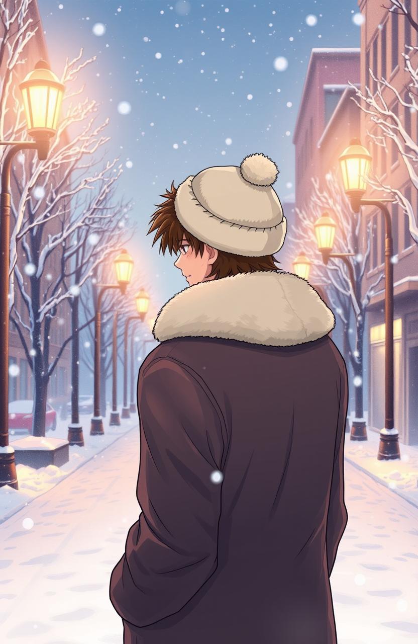 A manhwa-style illustration featuring a brown-haired man wearing a winter hat and a furry coat, standing with his back turned in the middle of snowy, cold streets