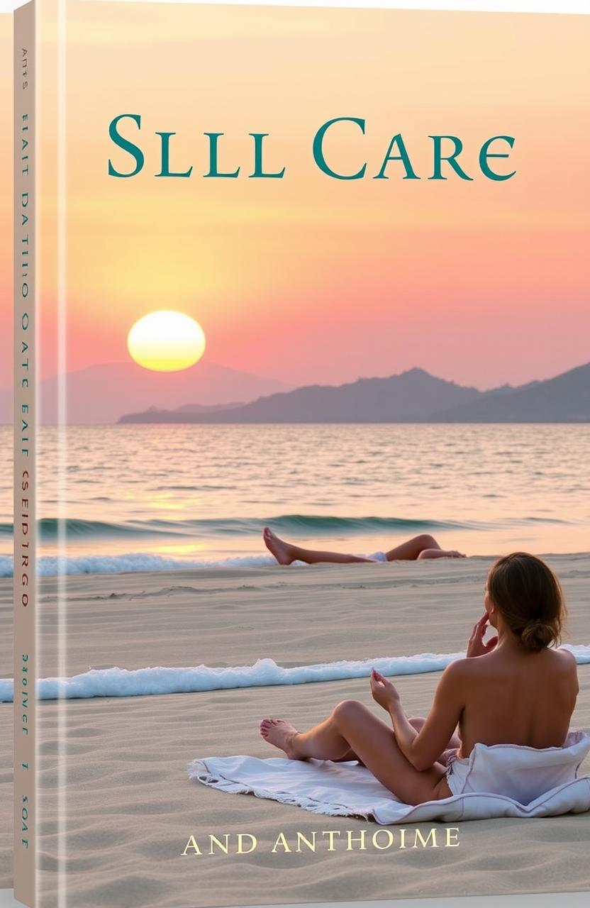 A serene book cover design depicting a peaceful landscape with a person meditating on a tranquil beach at sunset, their eyes closed, exuding calm and mindfulness