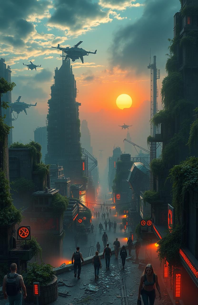 A breathtaking view of a futuristic apocalyptic city, featuring crumbling skyscrapers overgrown with lush greenery, remnants of technology scattered throughout the ruins, and a vibrant sunset casting dramatic shadows