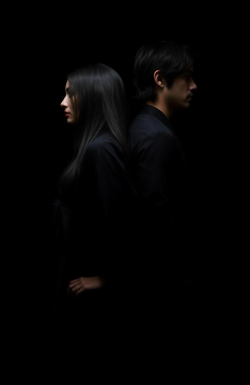 A beautiful woman with long black hair dressed in a flowing black ritual robe and a handsome man with black hair