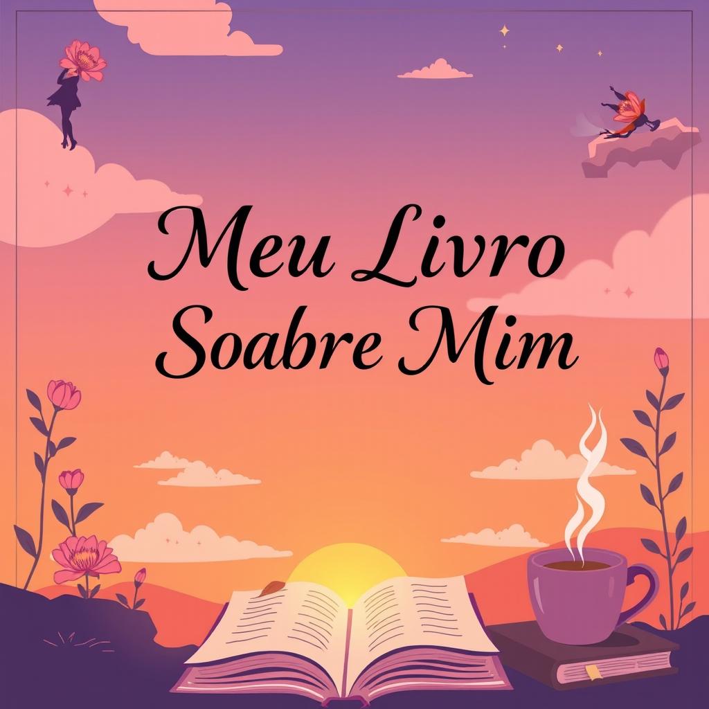 A book cover titled "Meu Livro Sobre Mim" featuring a beautifully illustrated background that blends elements of introspection and self-discovery