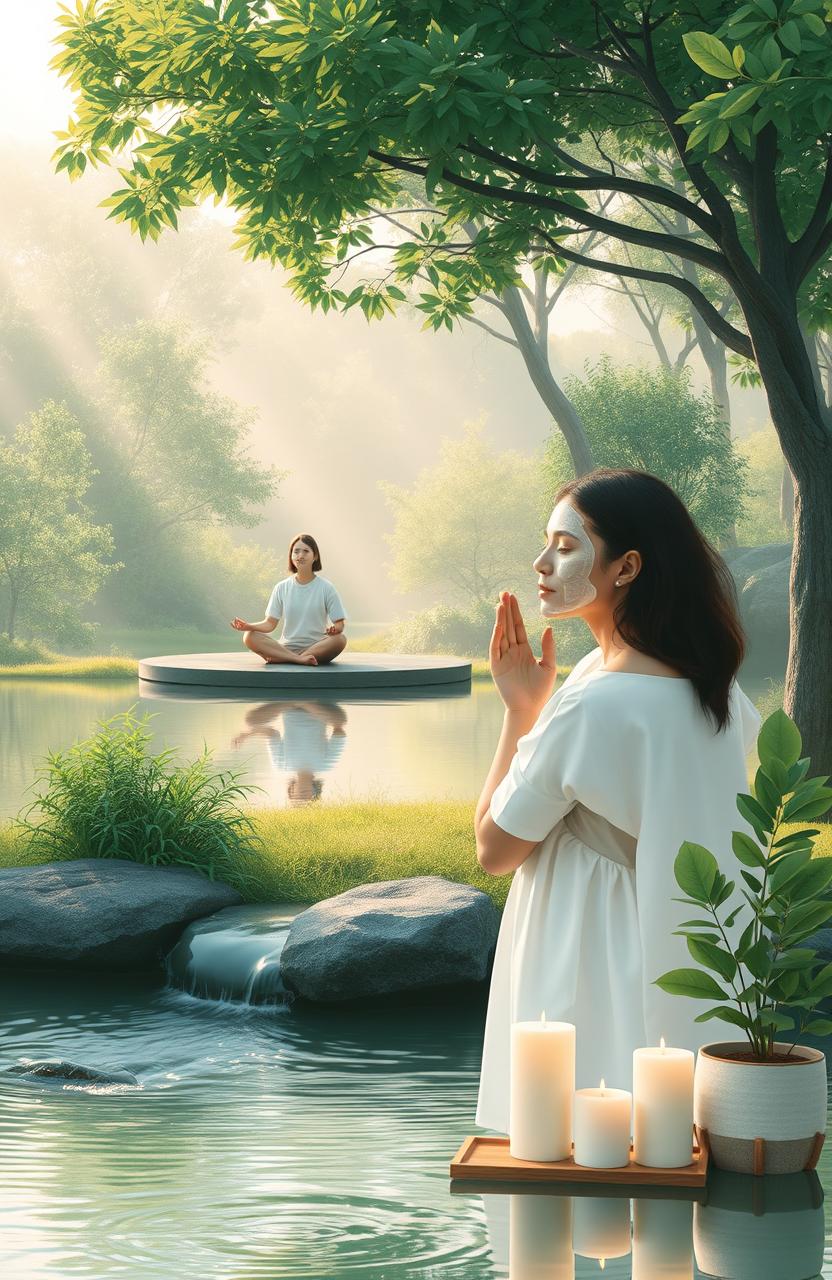 A serene landscape featuring one person meditating in a tranquil environment surrounded by lush greenery and soft sunlight filtering through the trees, while another person is engaged in self-care, possibly applying a facial mask or enjoying a peaceful moment with candles and plants