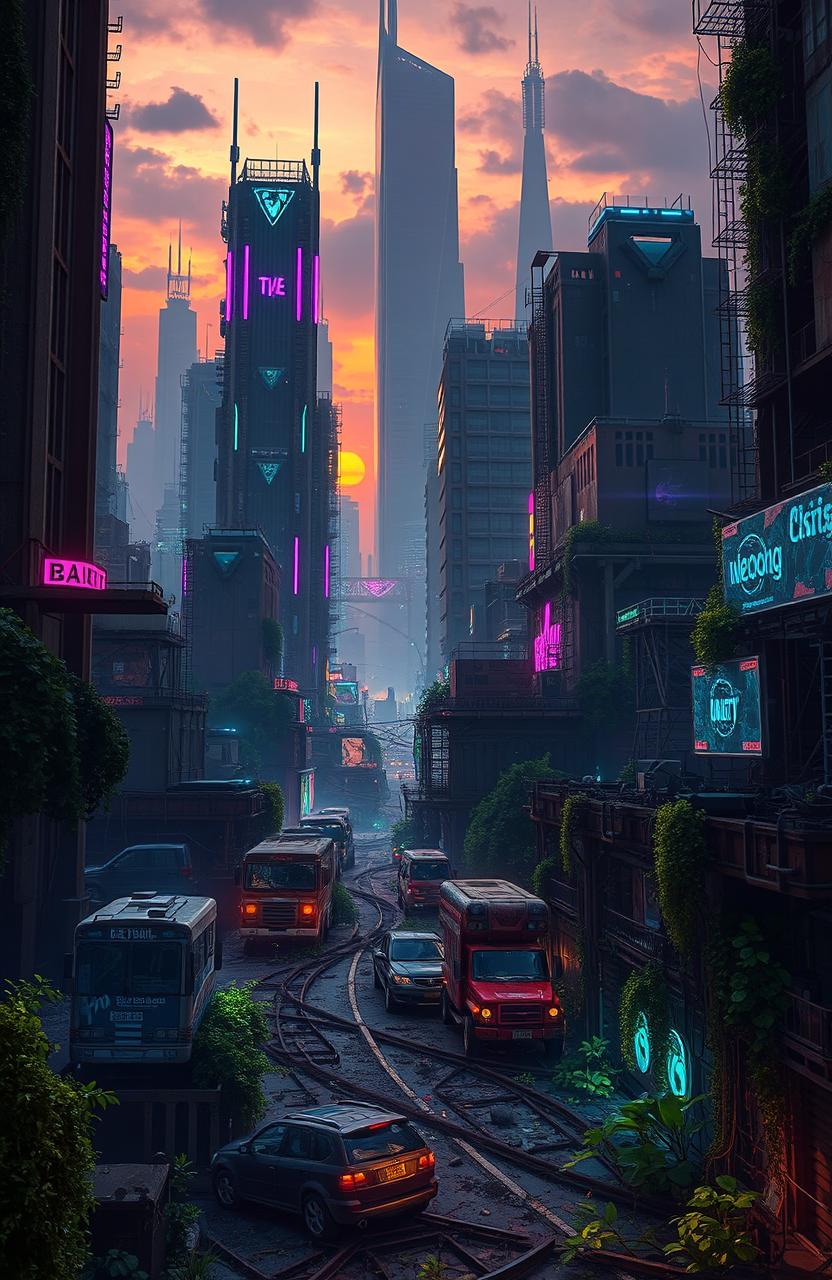 A stunning futuristic apocalyptic cityscape, reflecting a post-apocalyptic world blended with advanced technology