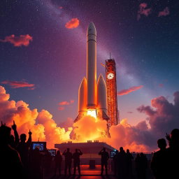 A stunning digital art poster capturing the moment of a rocket launch into space