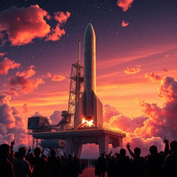 A stunning digital art poster capturing the moment of a rocket launch into space