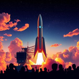 A stunning digital art poster capturing the moment of a rocket launch into space