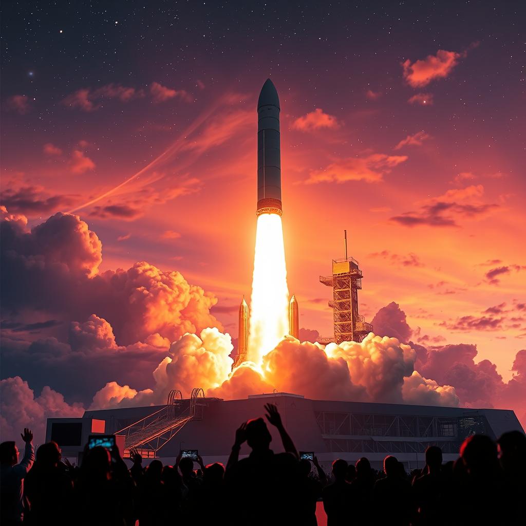 A stunning digital art poster capturing the moment of a rocket launch into space