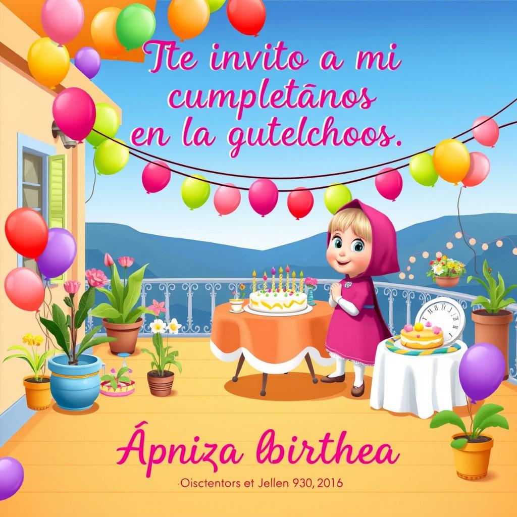 A beautiful birthday invitation card featuring Masha from the popular children's series