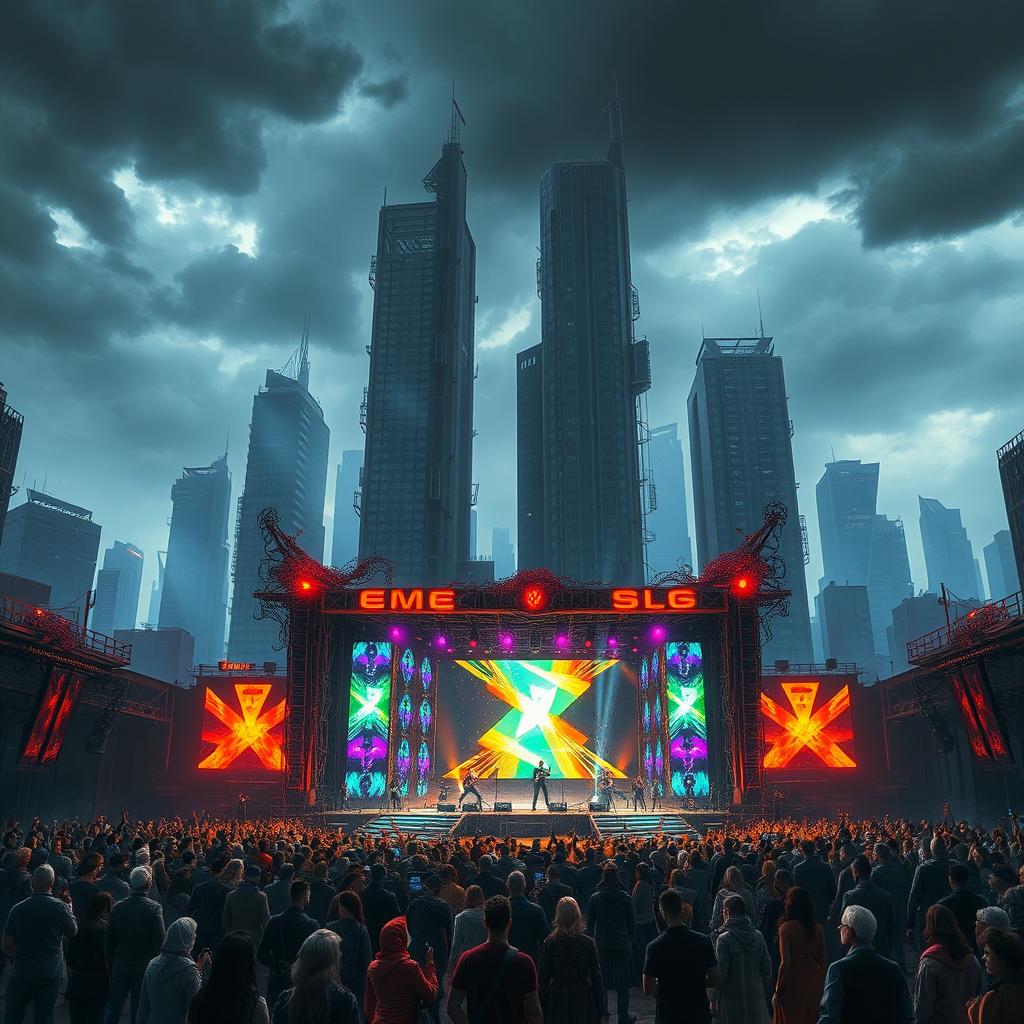 A futuristic apocalyptic cityscape, featuring towering skyscrapers with broken windows and vines creeping up the sides, under a stormy sky