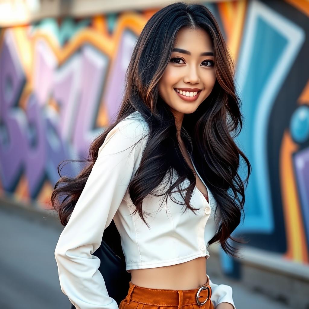 A glamorous Korean woman with long, flowing dark hair styled in loose waves, wearing a fashionable outfit that emphasizes her figure