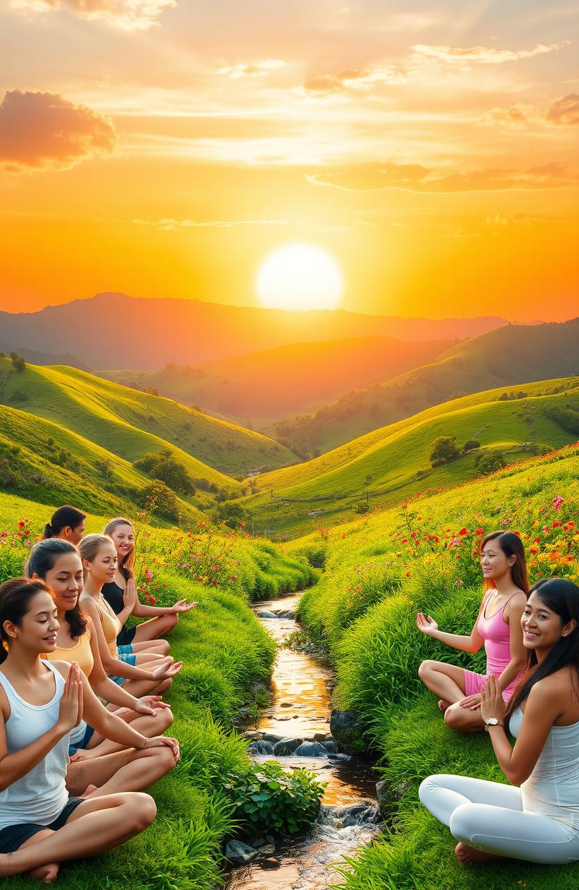 A vibrant and serene composition representing health and wellness, featuring a radiant sunrise over a tranquil landscape filled with lush green hills and colorful flowers