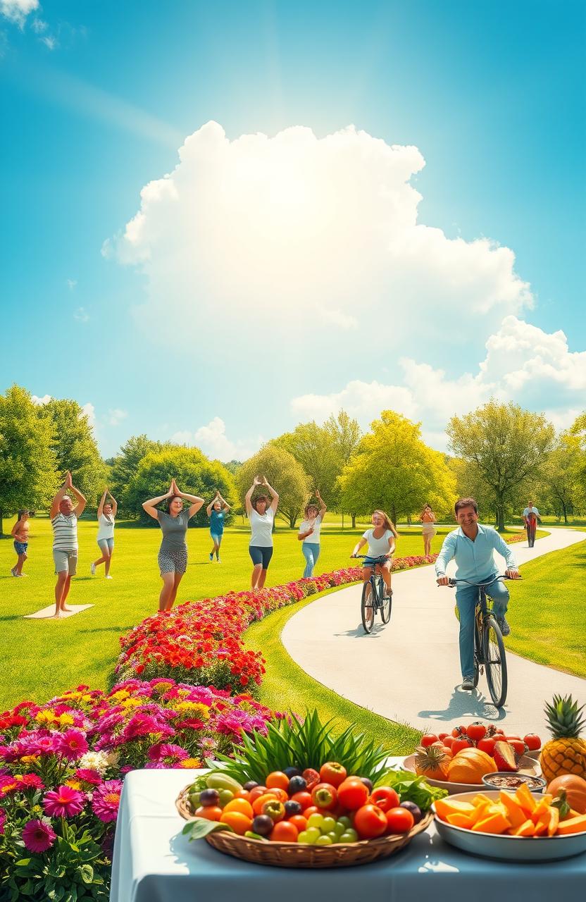 A serene and inspiring scene depicting various aspects of health and well-being
