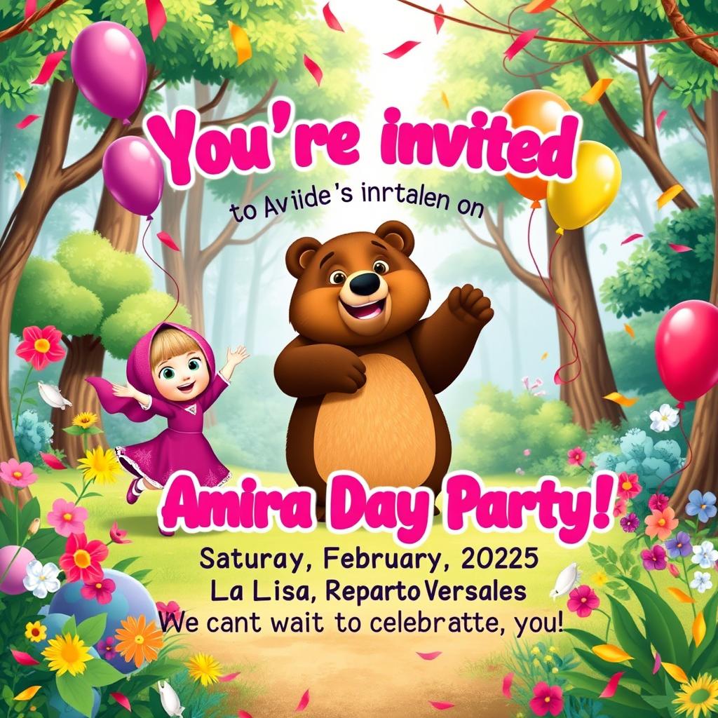 A beautifully designed birthday invitation card for Amira's birthday featuring Masha and the Bear characters from the popular children's show