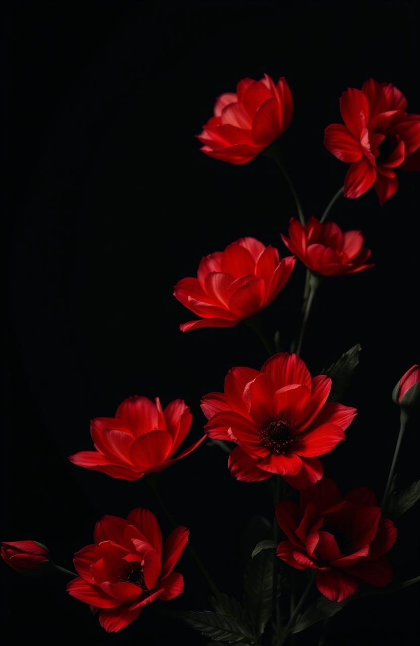 A striking visual of a black-themed background adorned with vibrant red flowers