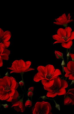 A striking visual of a black-themed background adorned with vibrant red flowers