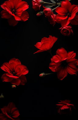 A striking visual of a black-themed background adorned with vibrant red flowers