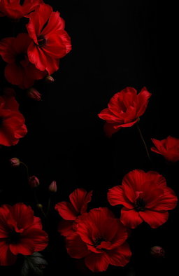 A striking visual of a black-themed background adorned with vibrant red flowers