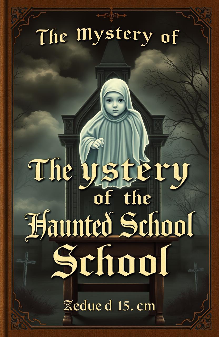 A vintage book cover for 'The Mystery of the Haunted School', sized 20