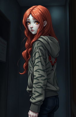 A tall girl with long, bright red wavy hair, ghostly white pale skin, and almond-shaped amber eyes