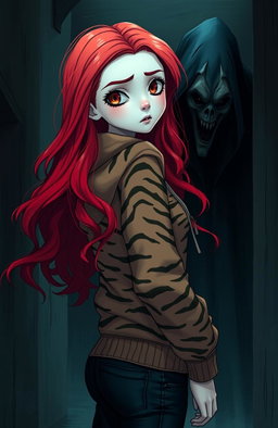 A tall girl with long, bright red wavy hair, ghostly white pale skin, and almond-shaped amber eyes
