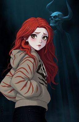 A tall girl with long, bright red wavy hair, ghostly white pale skin, and almond-shaped amber eyes