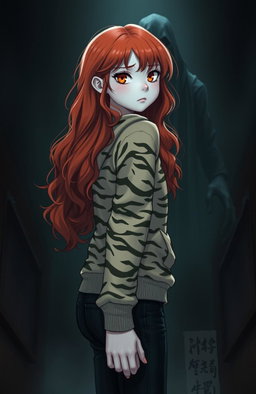 A tall girl with long, bright red wavy hair, ghostly white pale skin, and almond-shaped amber eyes