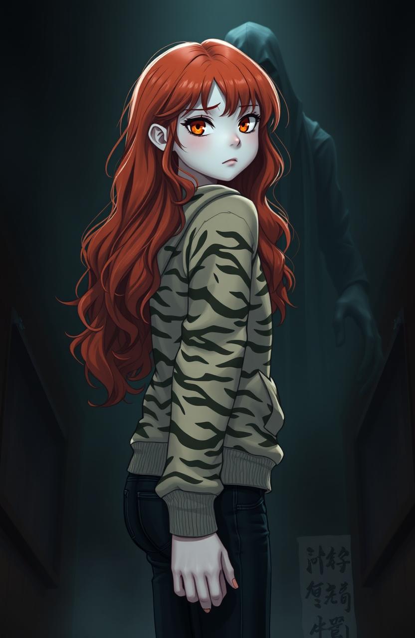 A tall girl with long, bright red wavy hair, ghostly white pale skin, and almond-shaped amber eyes