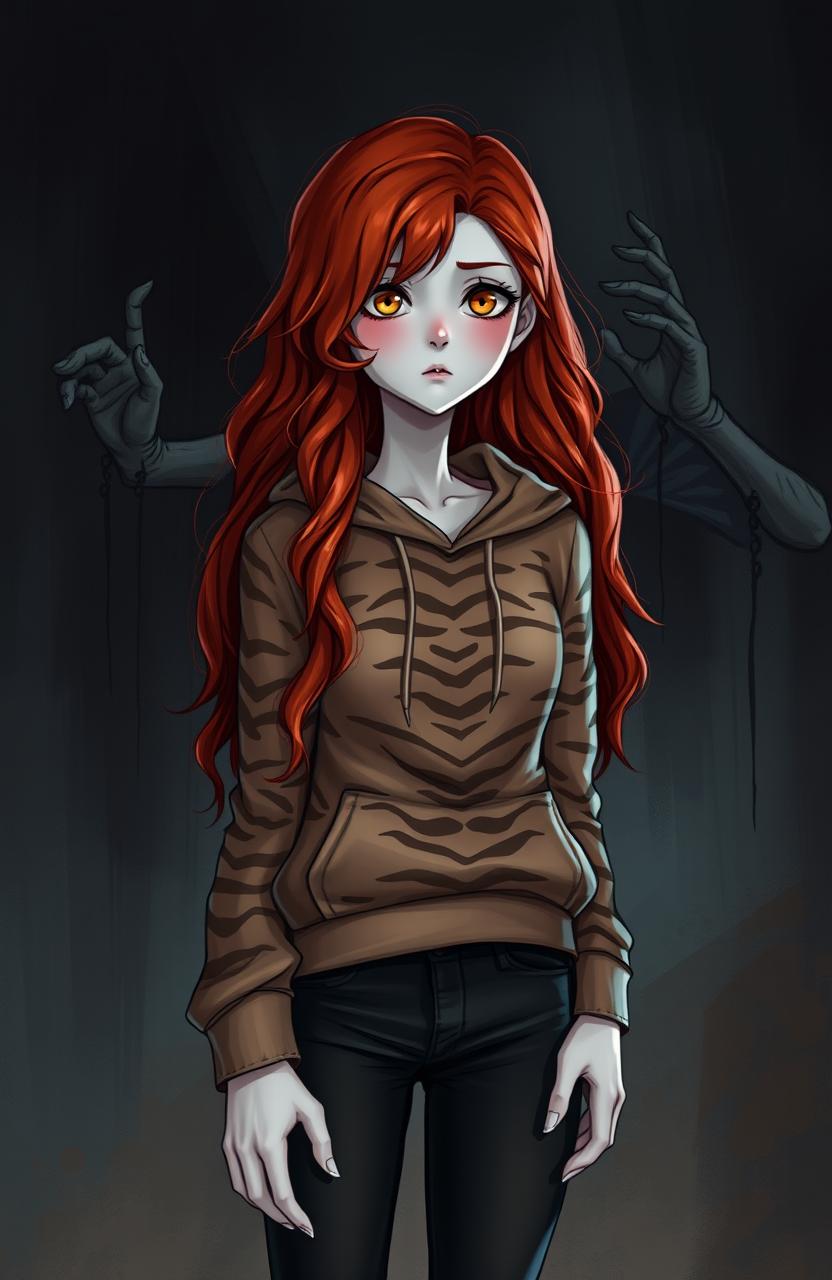 A tall girl with long, bright red wavy hair and ghostly white pale skin