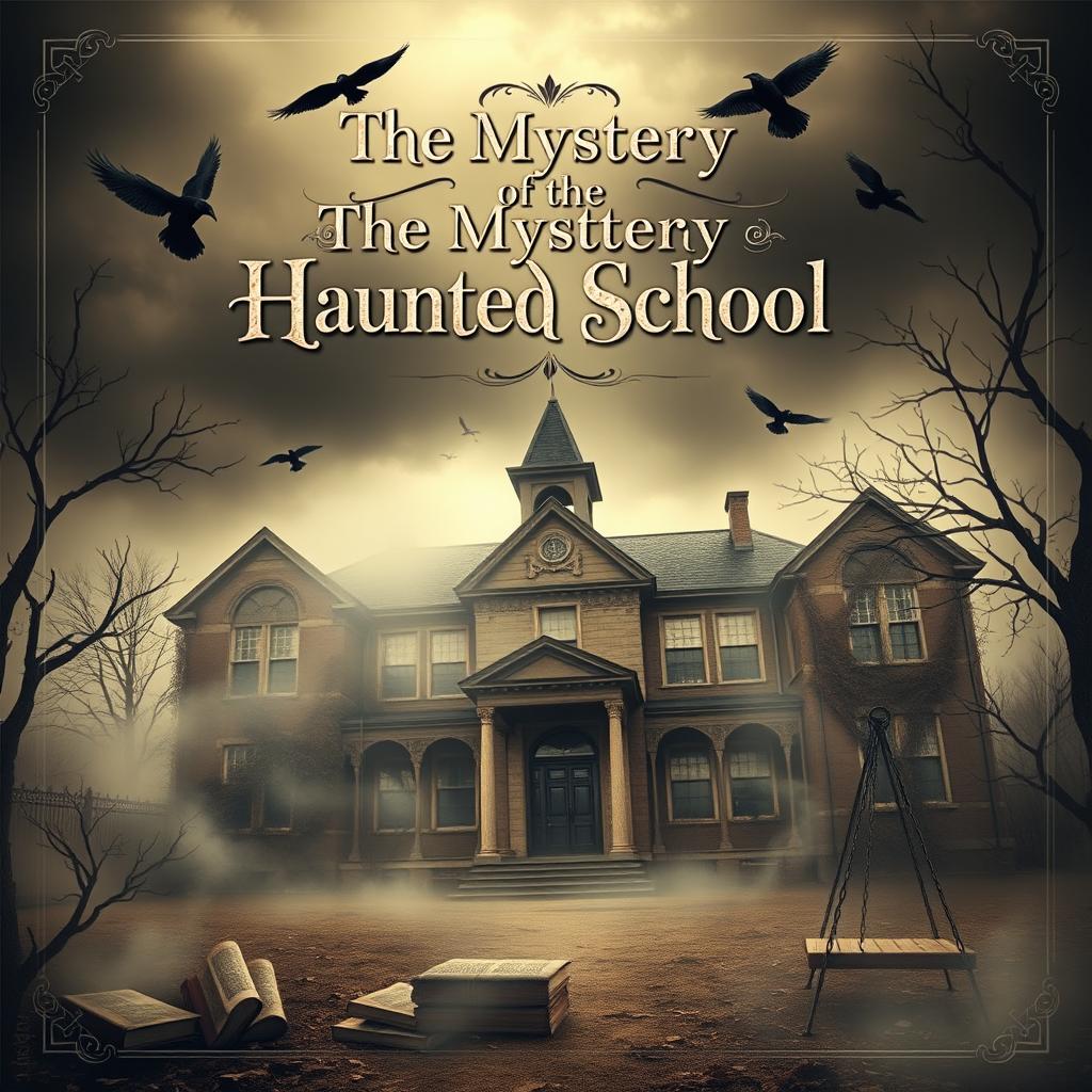 A cover design for a book titled 'The Mystery of the Haunted School', featuring a vintage concept and an old school touch