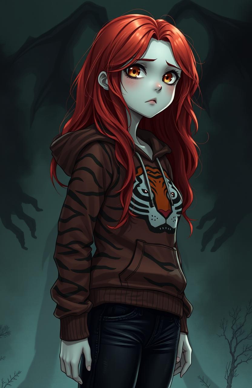 A tall girl with long, bright red wavy hair, ghostly white pale skin, and almond-shaped amber eyes, looking frightened