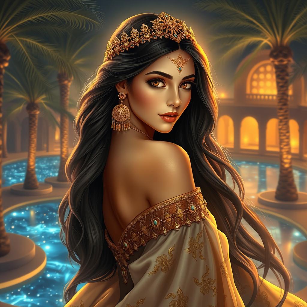 A stunning, ethereal figure representing Hoor Al Ain, depicted as a beautiful and enchanting Arabian princess with long, flowing dark hair adorned with intricate golden jewelry