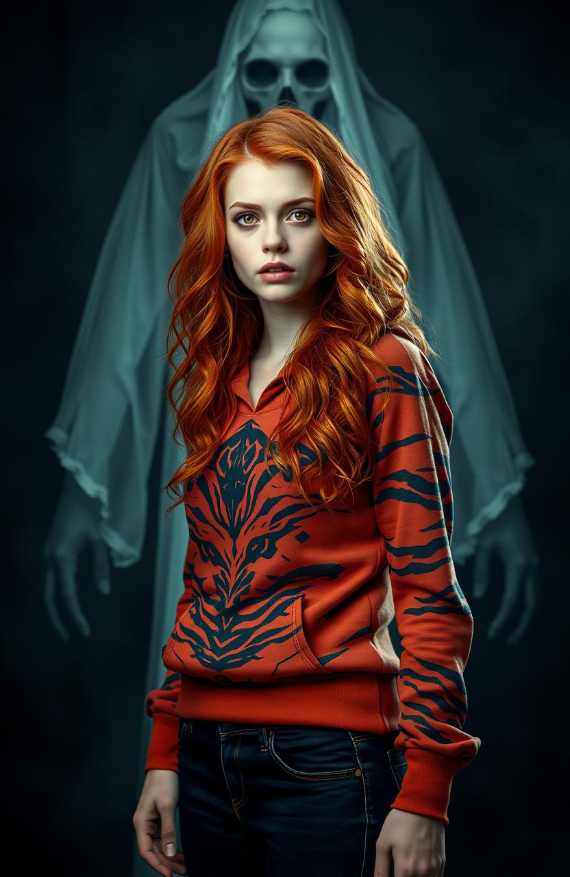 A tall 26-year-old woman with long, bright red wavy hair, ghostly white pale skin, and almond amber colored eyes, appearing frightened