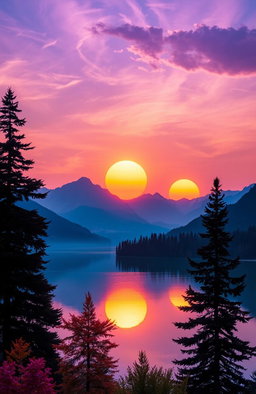 A breathtaking landscape depicting a surreal scene where the sun sets twice in the sky