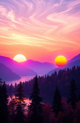A breathtaking landscape depicting a surreal scene where the sun sets twice in the sky