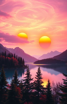 A breathtaking landscape depicting a surreal scene where the sun sets twice in the sky