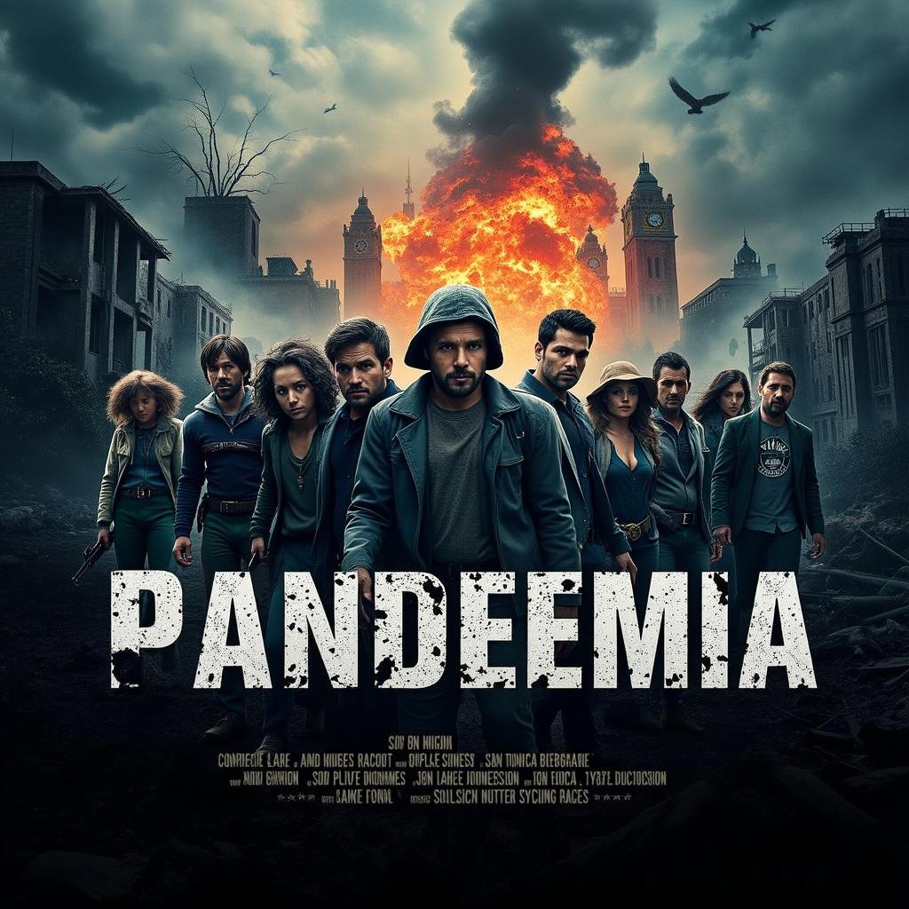 A dystopian scene depicting a group of diverse individuals walking through a ruined cityscape, with dark, ominous clouds overhead and a looming, foggy silhouette of a clock tower in the background