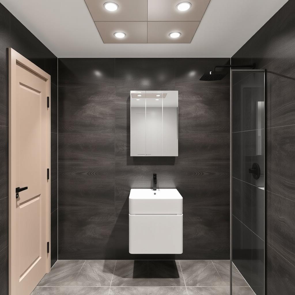 A modern bathroom featuring polished Pulpis graphite porcelain tiles on the walls and satin-finish Pulpis graphite porcelain tiles on the floor