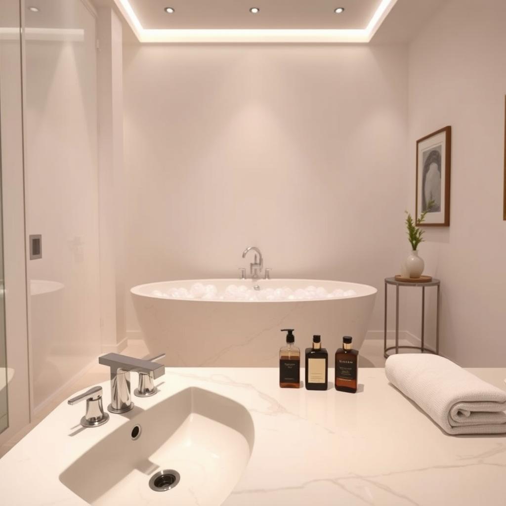 A luxurious bathroom interior featuring an elegant marble bathtub filled with bubbles, soft ambient lighting creating a warm and inviting atmosphere