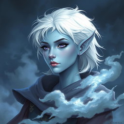 An enchanting DnD character art illustration of Maeve, a striking character with ethereal light blue skin and elegantly pointed elven ears