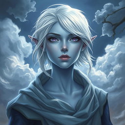 An enchanting DnD character art illustration of Maeve, a striking character with ethereal light blue skin and elegantly pointed elven ears