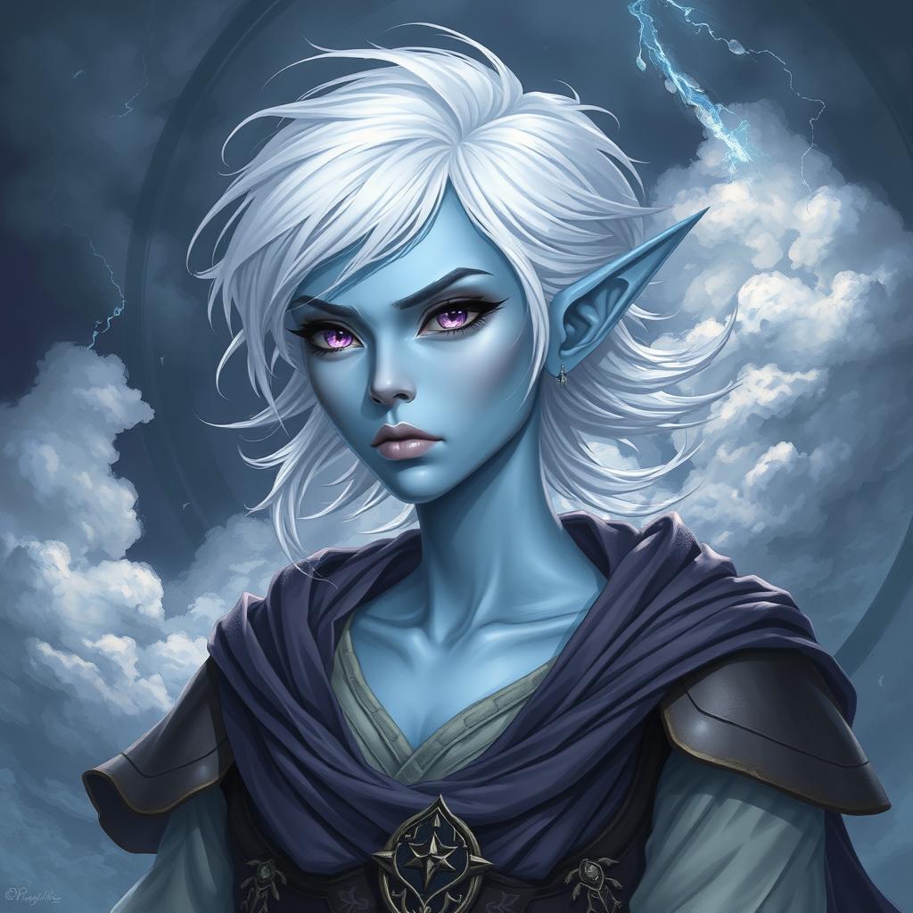 An enchanting DnD character art illustration of Maeve, a striking character with ethereal light blue skin and elegantly pointed elven ears