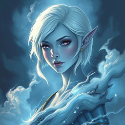 An enchanting DnD character art illustration of Maeve, a striking character with ethereal light blue skin and elegantly pointed elven ears