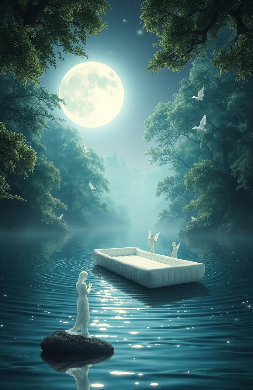 A scene from a magical and surreal story inspired by 'El Susurro de un Libro: La Balsa Blanca'