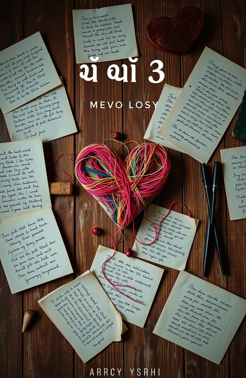 A nostalgic book cover for the title 'बाक क्रमांक 3', featuring a collage of scattered handwritten letters and poetry on a weathered wooden table, representing cherished memories of first love