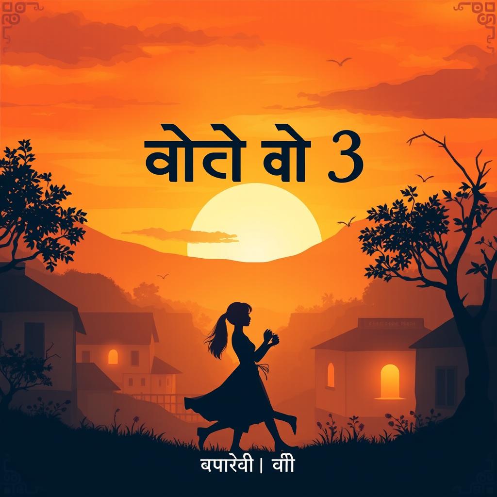 A captivating book cover for the title 'बाक क्रमांक 3', featuring a picturesque sunset illuminating a quaint Marathi village, encapsulating the essence of romance