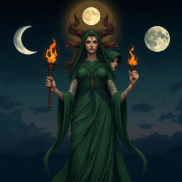 A powerful depiction of the goddess Hecate, showcasing her three faces symbolizing the Maiden, the Crone, and the Mother