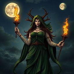 A powerful depiction of the goddess Hecate, showcasing her three faces symbolizing the Maiden, the Crone, and the Mother