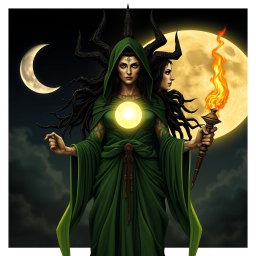 A powerful depiction of the goddess Hecate, showcasing her three faces symbolizing the Maiden, the Crone, and the Mother
