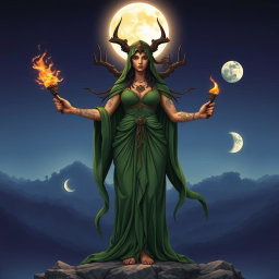 A powerful depiction of the goddess Hecate, showcasing her three faces symbolizing the Maiden, the Crone, and the Mother
